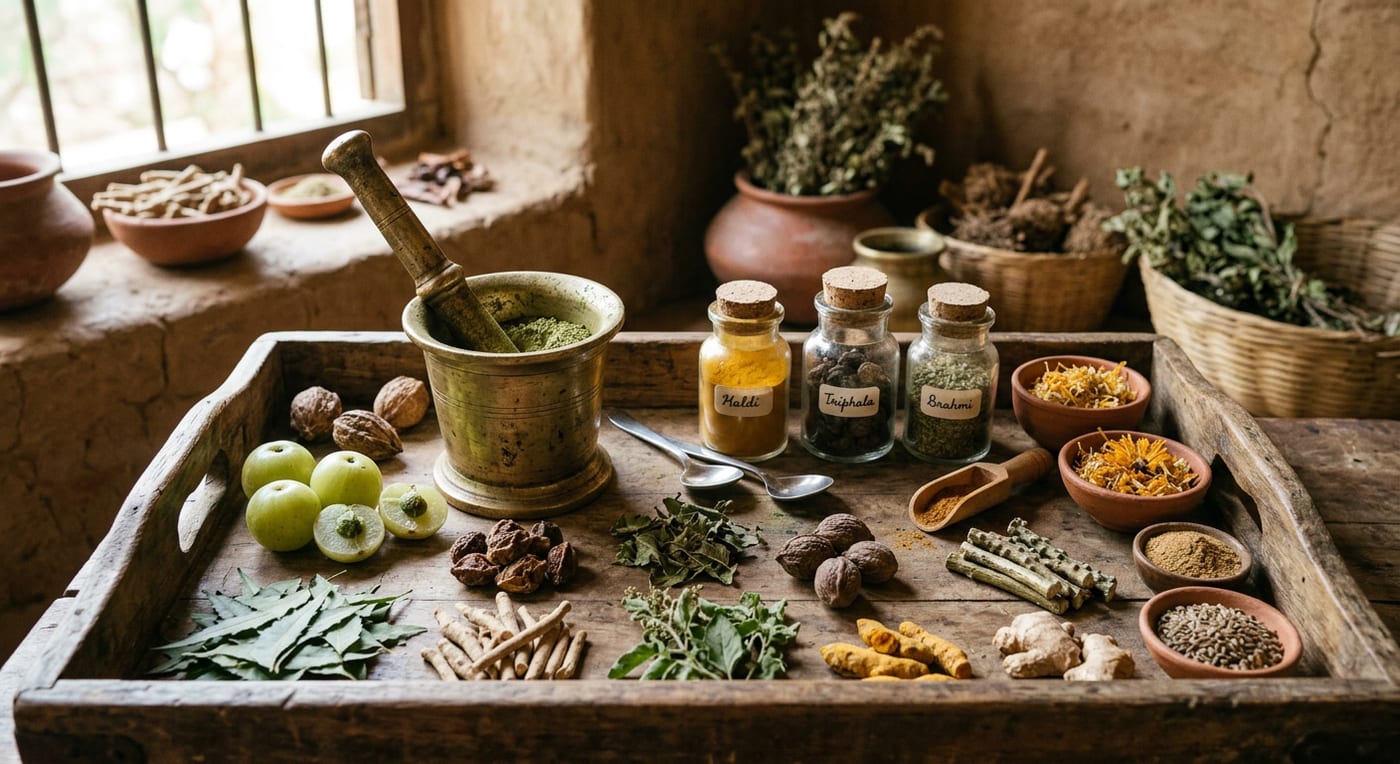 Traditional ayurvedic ingredients on a wooden tray: dried herbs, amla fruit and a brass mortar and pestle