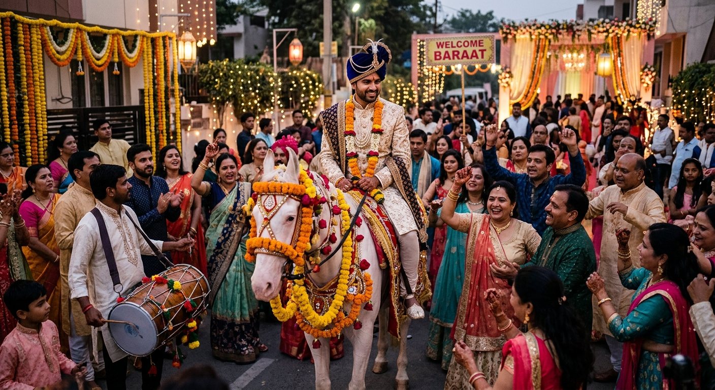 A groom in a cream sherwani and turban on a decorated white mare, surrounded by dancing family and a dhol drummer