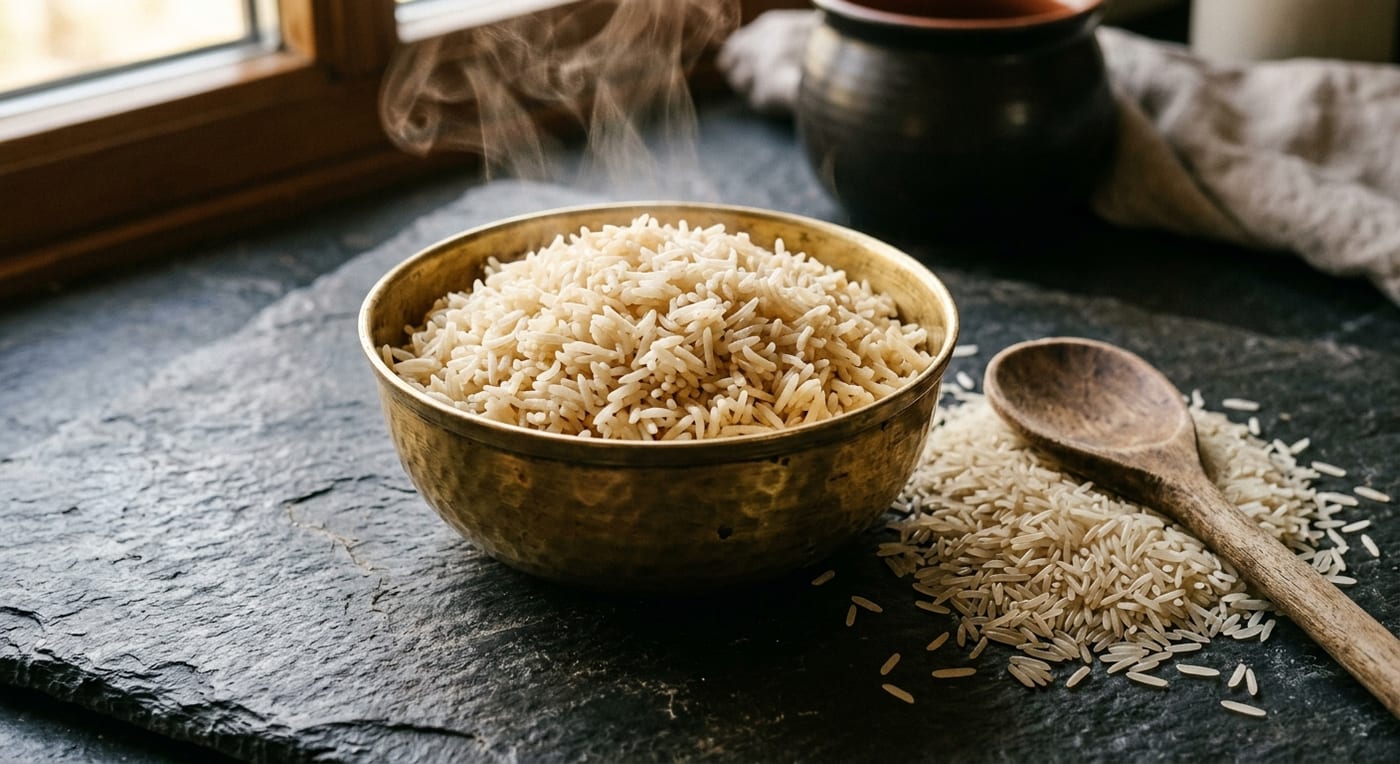 A brass bowl of cooked basmati rice beside uncooked long grains