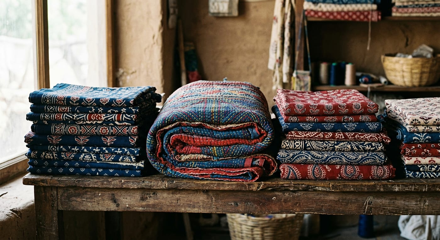 Stacks of Indian block-printed cotton textiles and a kantha quilt in indigo and red
