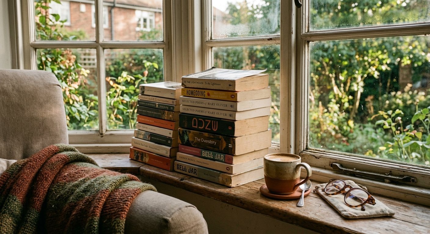 A stack of novels and poetry books on a windowsill beside a cup of chai and reading glasses