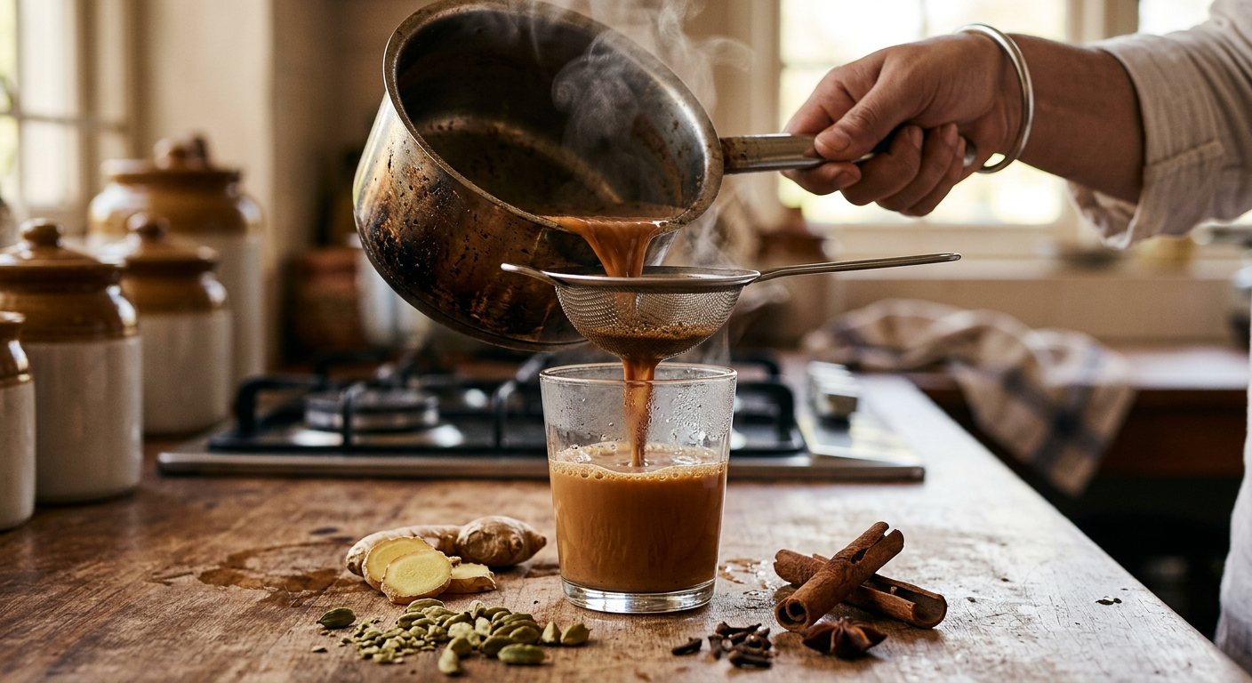 Masala chai being strained from a steel saucepan into a glass tumbler, steam rising, whole cardamom, ginger and cinnamon on the counter