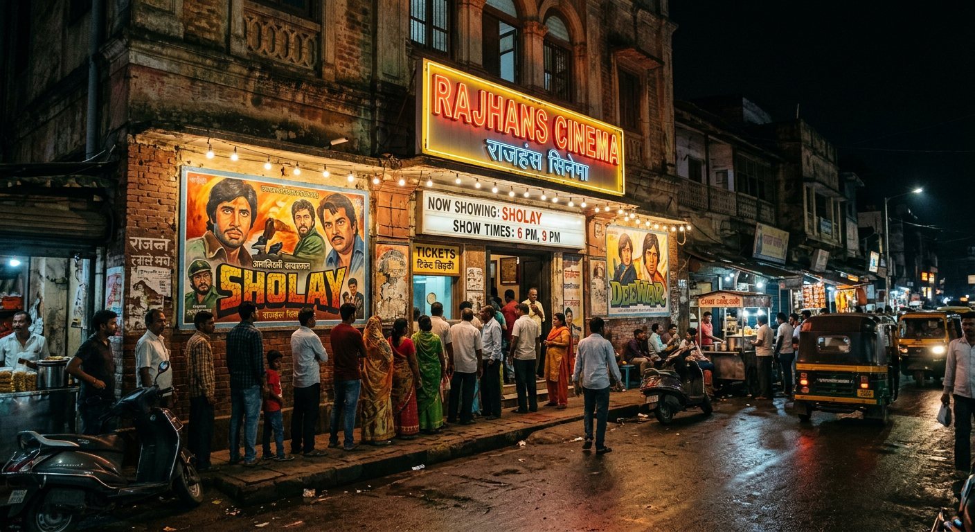 A vintage single-screen Indian cinema at night with hand-painted film posters and neon lettering