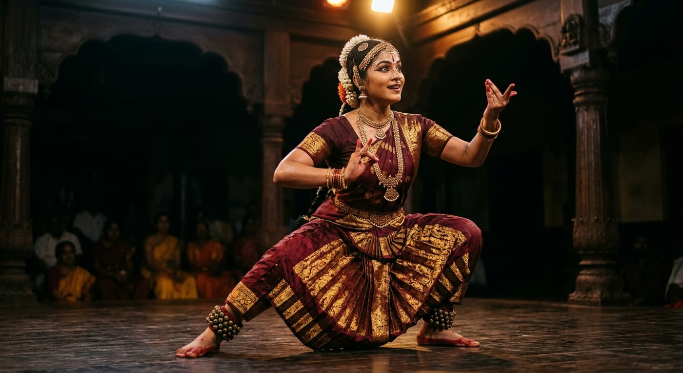 A Bharatanatyam dancer mid-pose in silk costume and temple jewellery, making an expressive hand mudra
