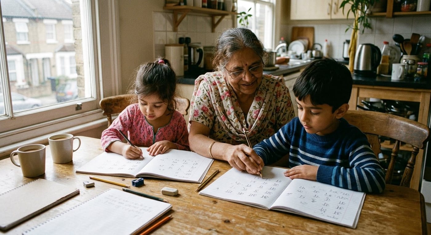 Two children learning to write Devanagari script at a kitchen table with a grandmother helping