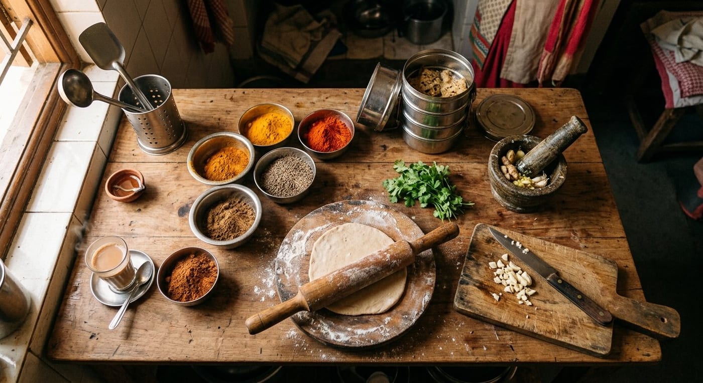 A Desi kitchen counter with bowls of turmeric, chilli powder and cumin, fresh coriander, dough and a rolling pin, a steel tiffin box and a glass of chai