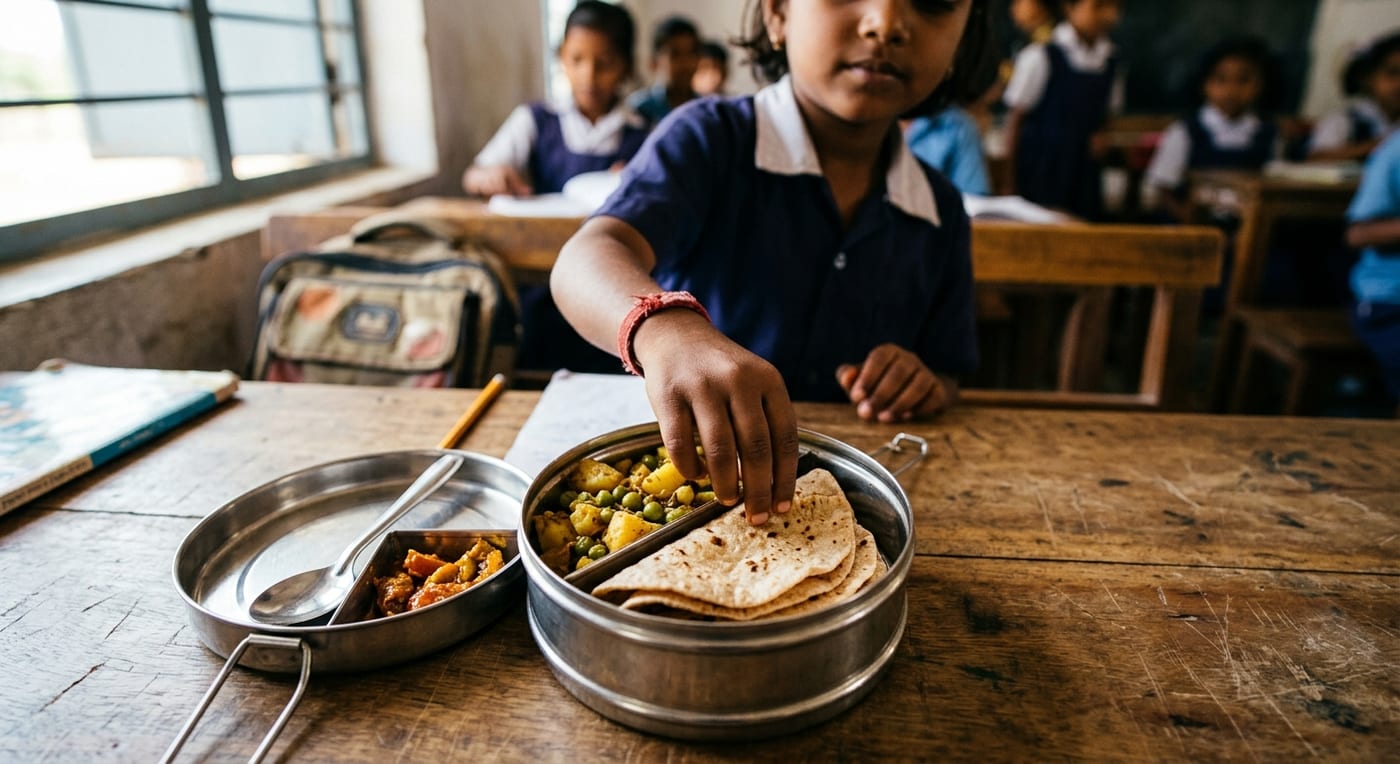 A steel tiffin lunchbox opened on a school desk showing roti, potato sabzi and pickle