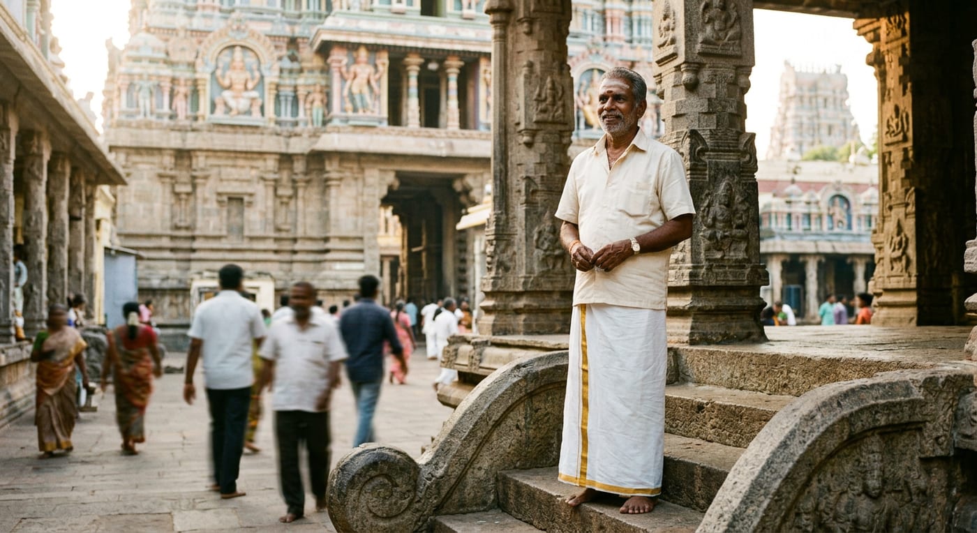 A man wearing a white veshti with a gold border standing on a temple step