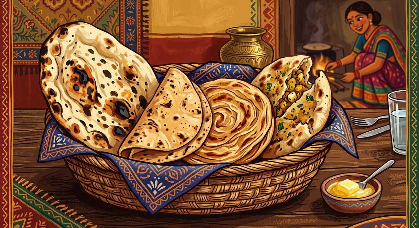 A cloth-lined basket of Indian breads: a blistered naan, a folded roti, a layered paratha and a torn stuffed kulcha