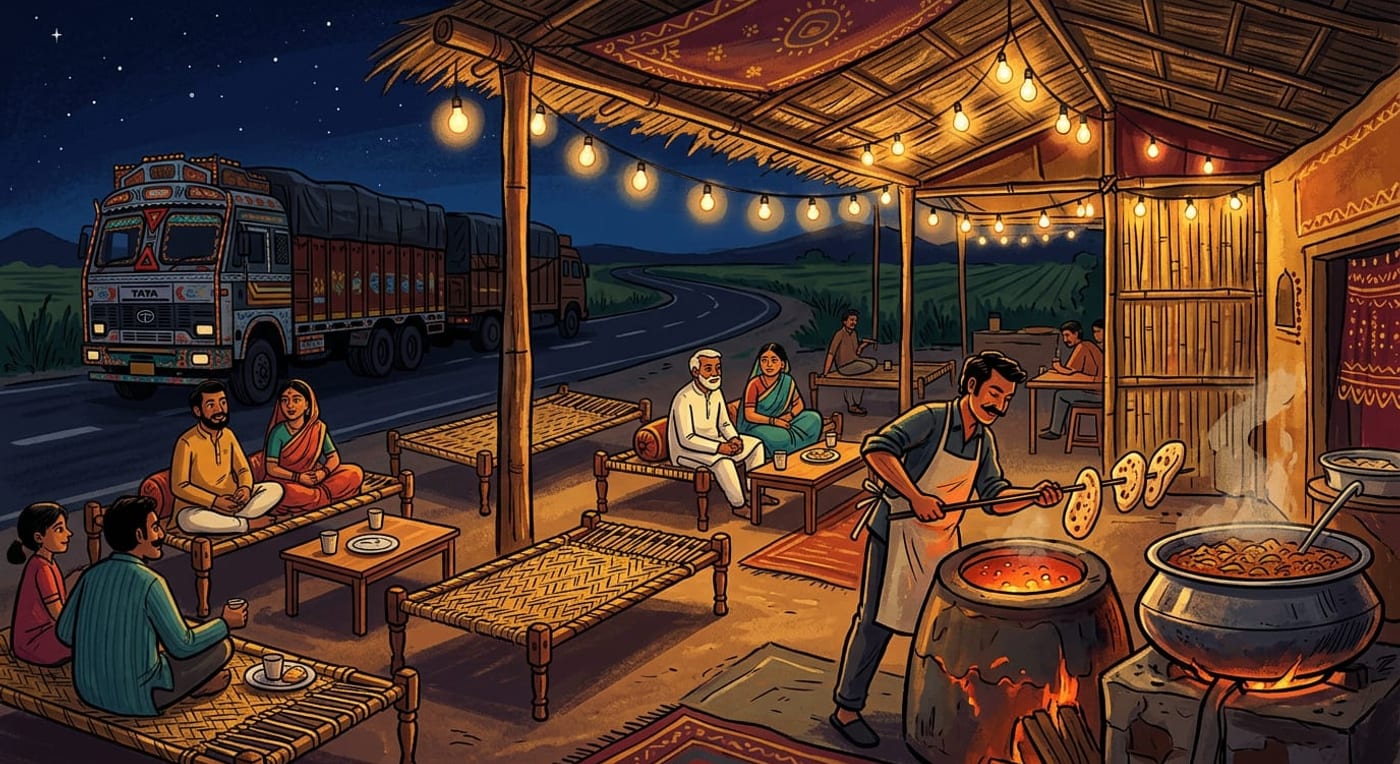 A roadside dhaba at night lit by bare bulbs, with rope charpai cots, a glowing tandoor and trucks parked in the dark behind