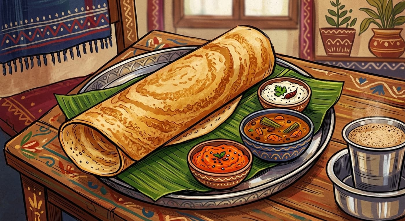 A large crisp golden dosa on a banana leaf with bowls of coconut chutney, tomato chutney and sambar, and a steel filter coffee tumbler