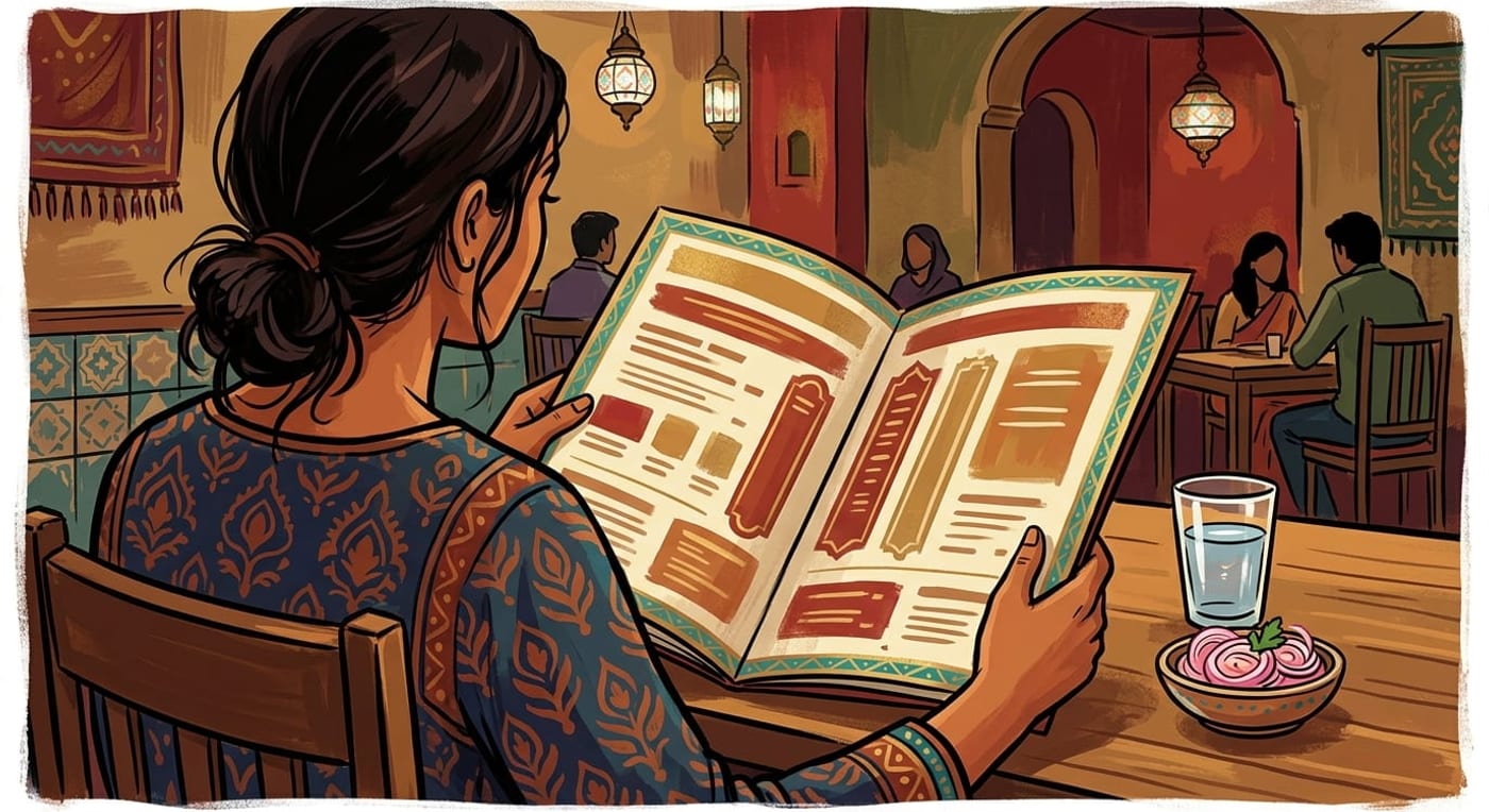 A diner seated in an Indian restaurant reading a large open menu, with a glass of water and a bowl of sliced onion on the table