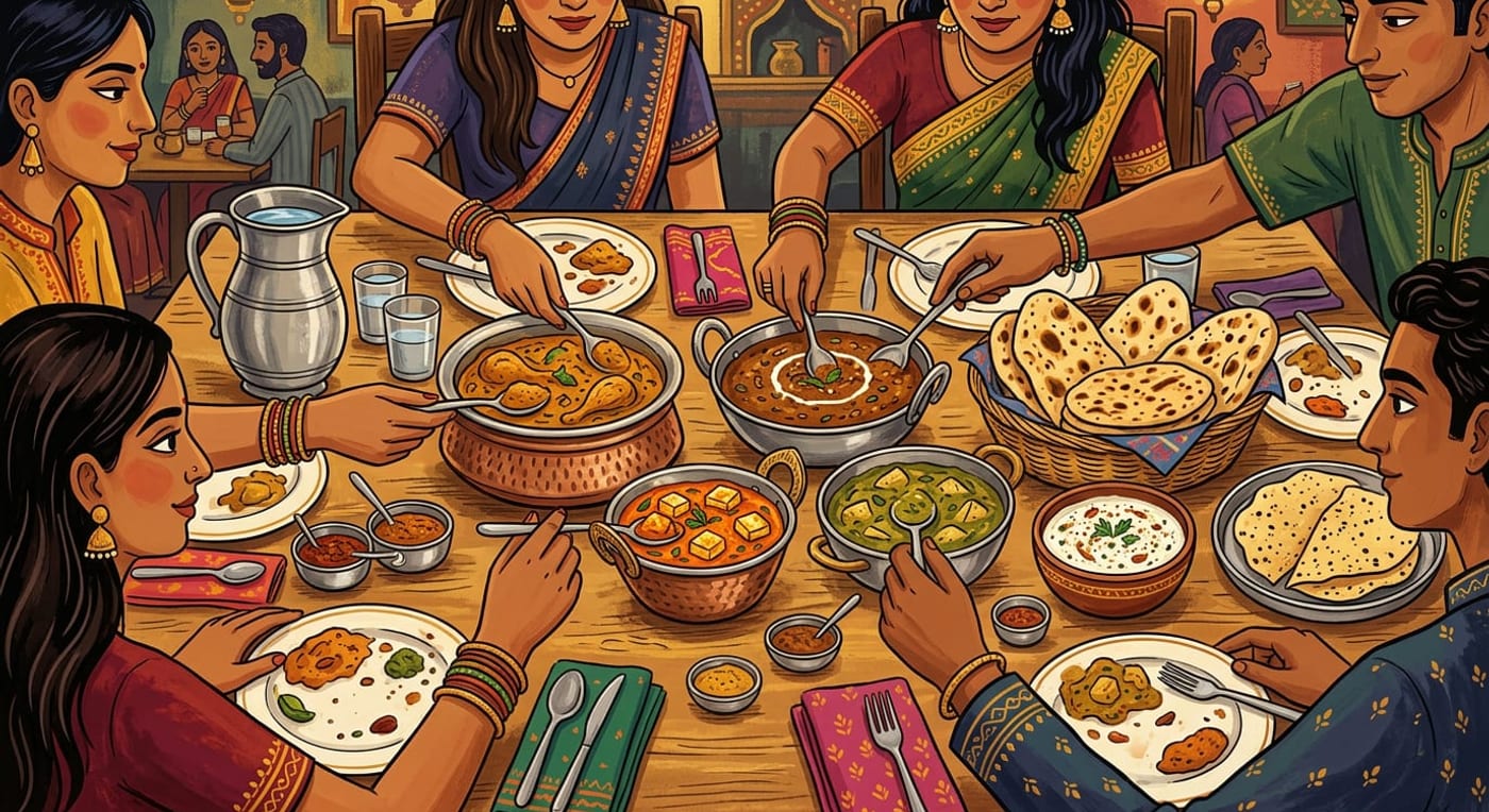Overhead view of a shared Indian restaurant table with copper bowls of curries, a basket of breads, raita and papad