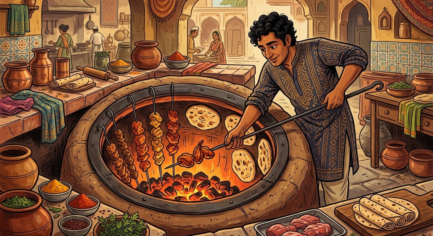 A cook reaching into a cylindrical clay tandoor oven with a hook, skewers hanging inside and coals glowing at the bottom