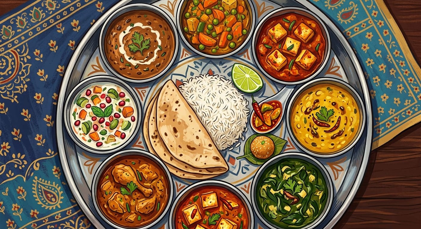 A round steel thali seen from above with seven small katori bowls of dal, sabzi, raita and curry around rice, roti, lime and pickle