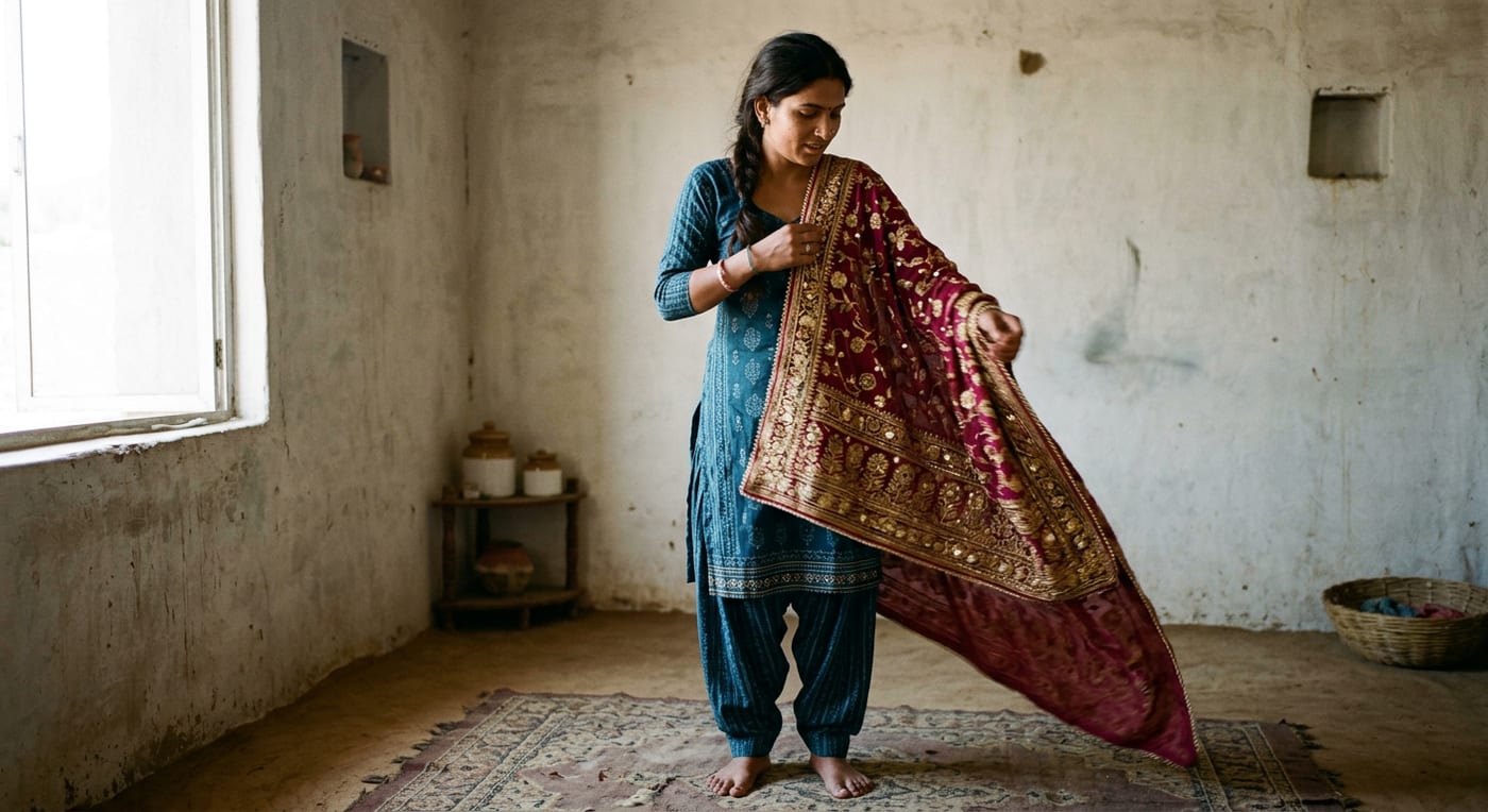 A woman arranging a long embroidered dupatta over her shoulder
