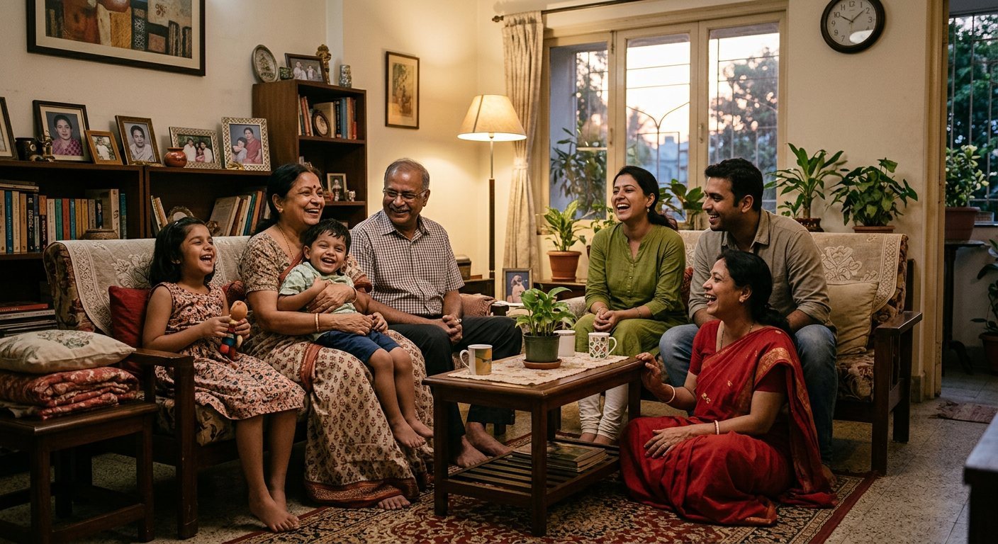 Three generations of a South Asian family sitting together in a living room, talking and laughing