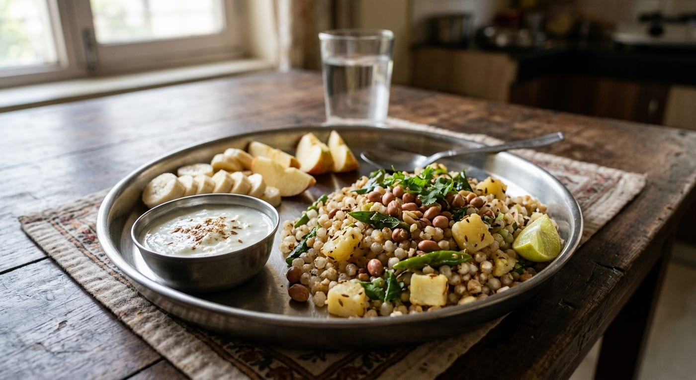 A plate of Indian fasting food: sabudana khichdi with peanuts, curd, fruit and lime
