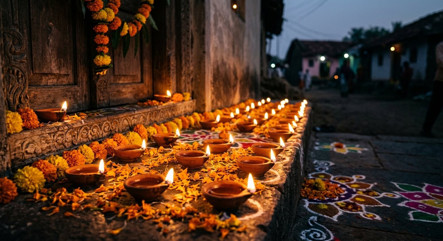 Rows of small clay diya oil lamps lit on a decorated doorstep at dusk, with marigold flowers