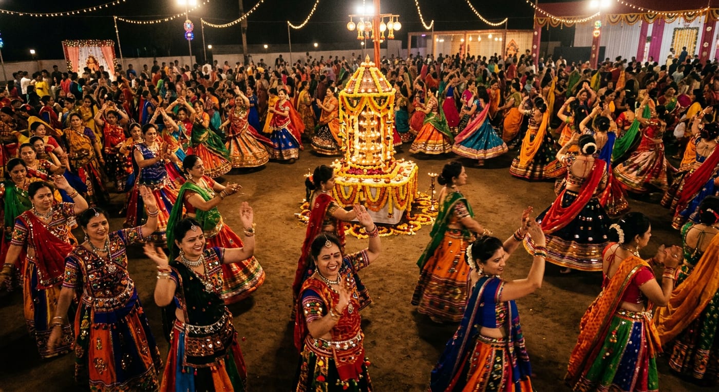 Women in mirrored ghagra choli dancing garba in concentric circles around a decorated lamp at Navratri