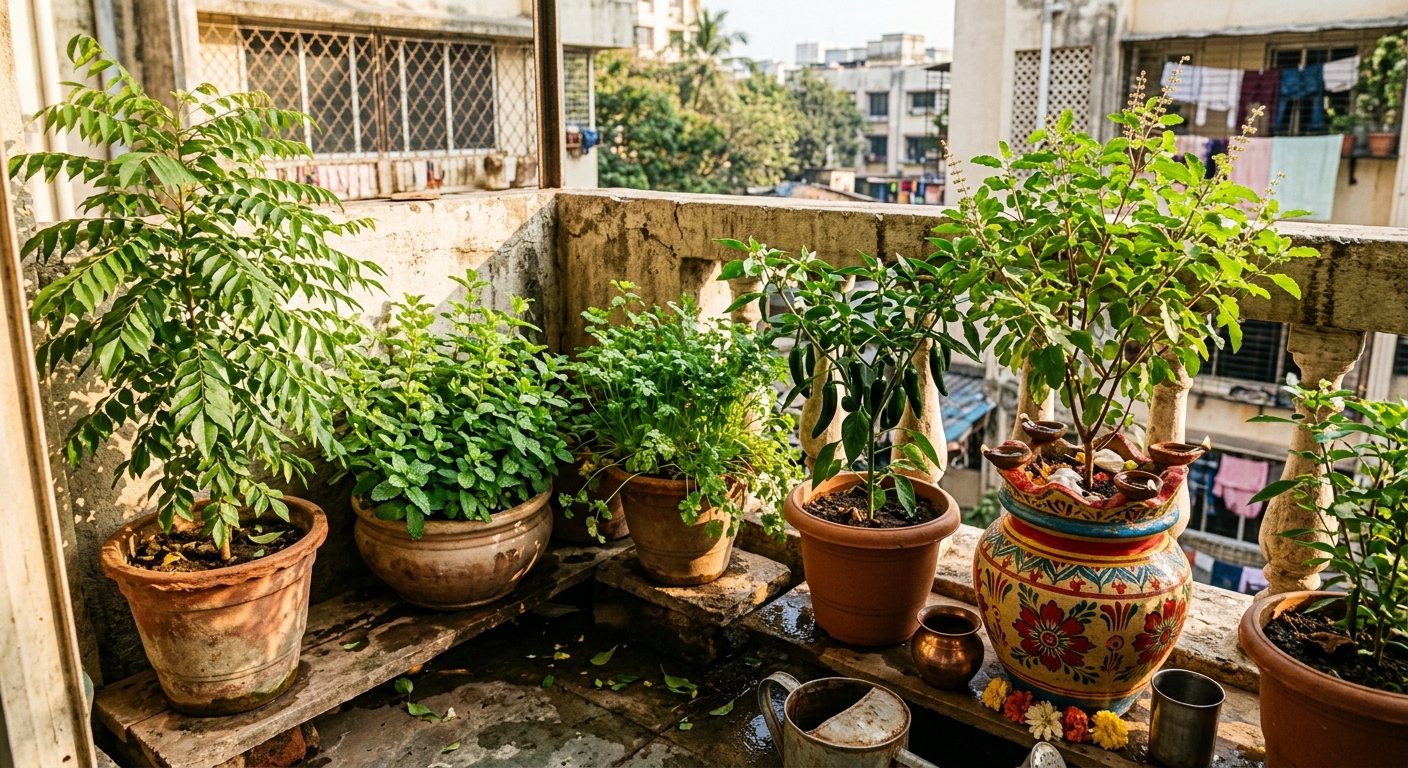 A balcony kitchen garden in terracotta pots: curry leaf plant, mint, coriander, green chillies and a tulsi plant