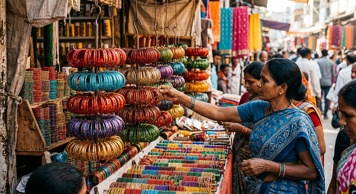 Stacks of colourful glass bangles arranged in rows at an Indian bazaar stall