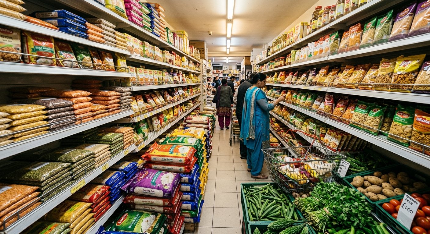 Inside a South Asian grocery store: shelves of lentils, rice sacks, spice packets and snacks, with fresh okra and coriander in the foreground