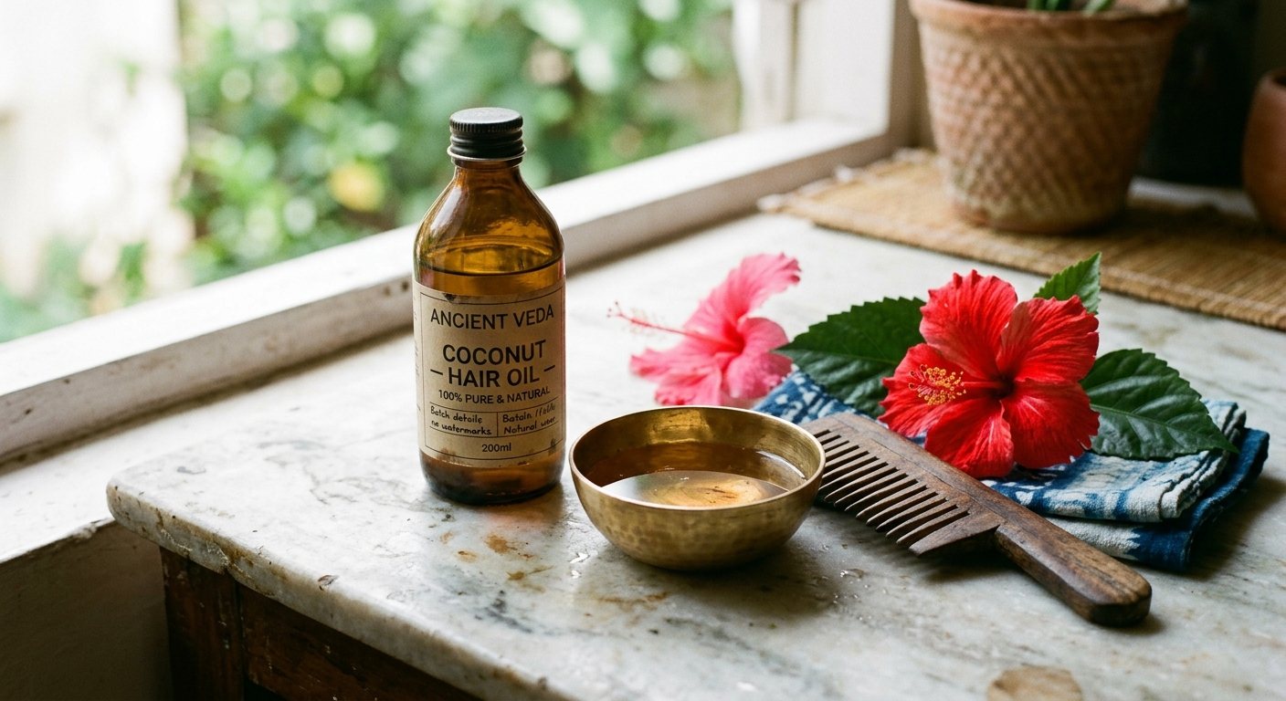 A bottle of coconut hair oil and a small brass bowl of warm oil beside a wooden comb and hibiscus flowers