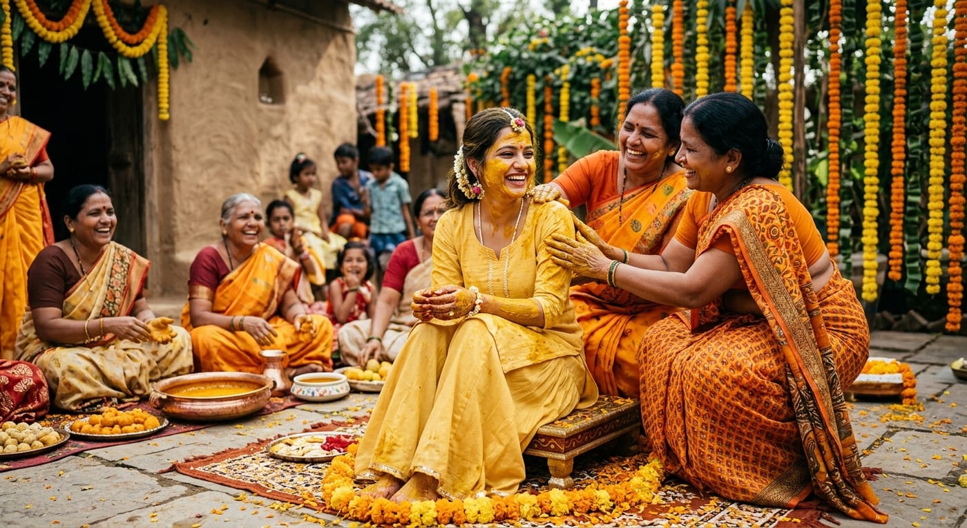 Relatives applying bright yellow turmeric paste to a smiling bride during a haldi ceremony