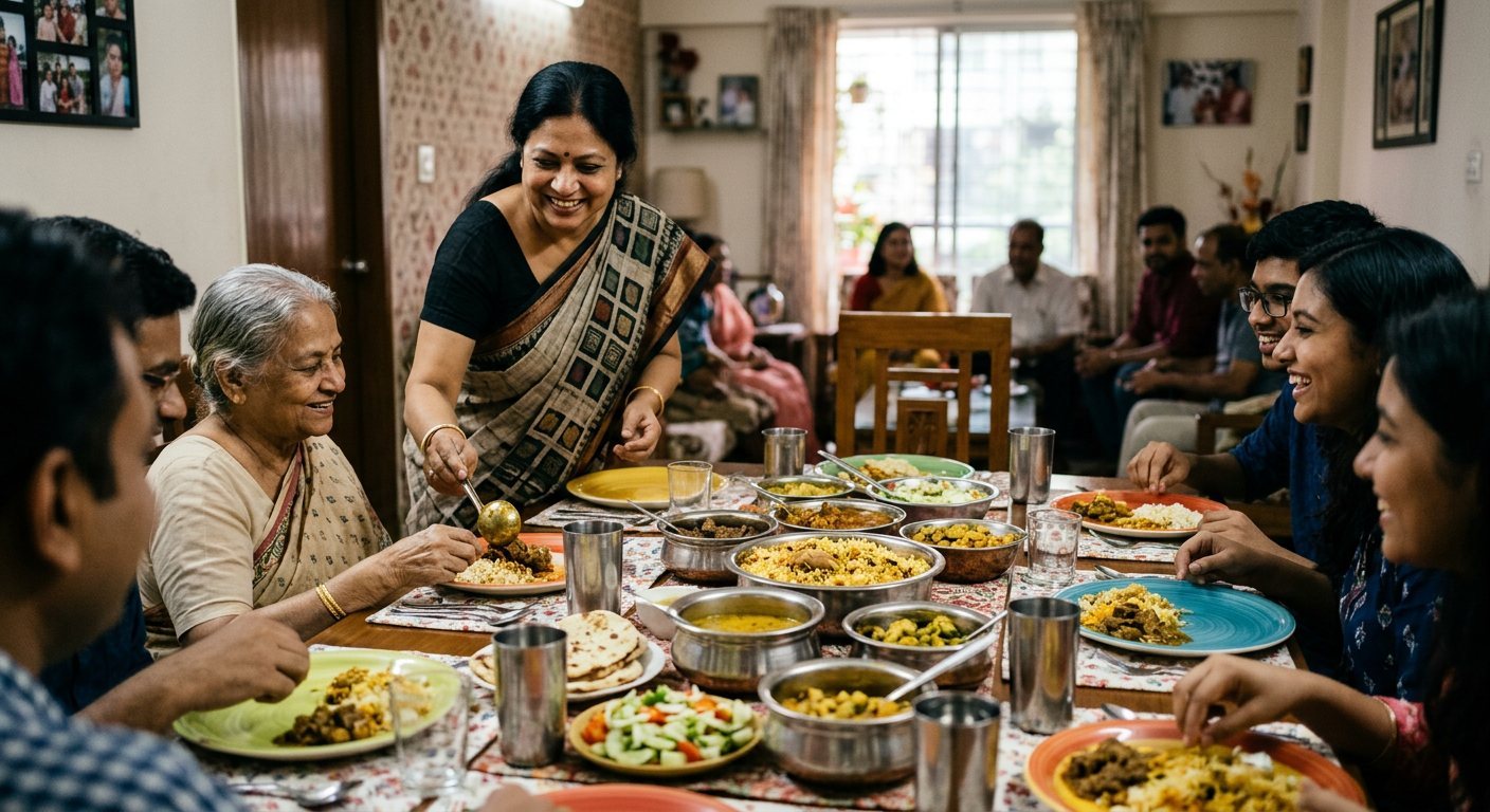 A dining table set for guests with many steel serving bowls of different dishes, someone serving