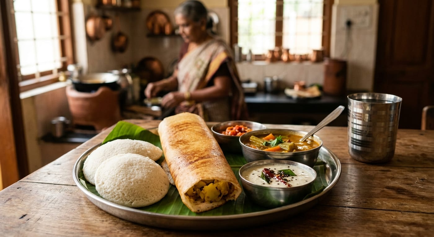 A South Indian breakfast of idli and dosa with coconut chutney and sambar on a steel plate