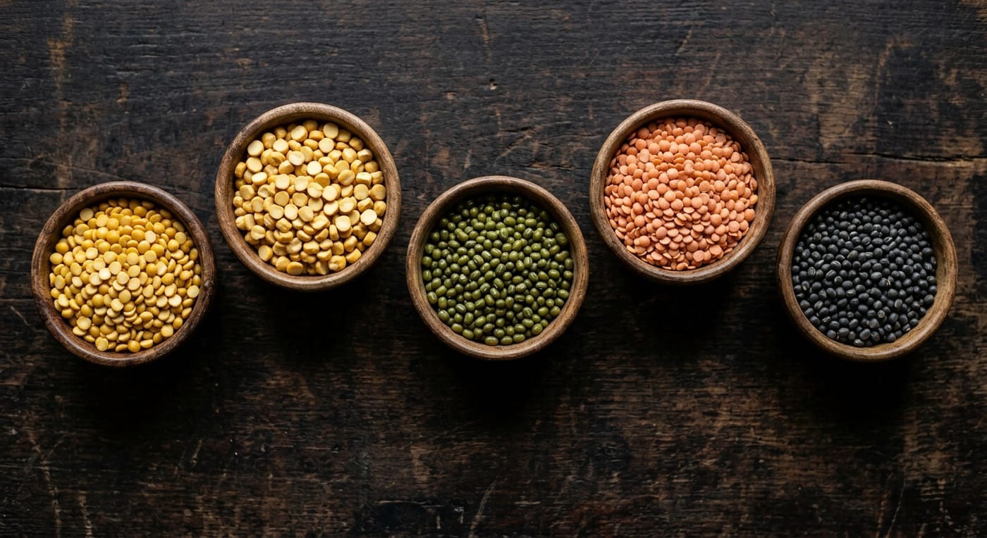 Five kinds of Indian lentils in wooden bowls: toor, chana, moong, masoor and urad dal