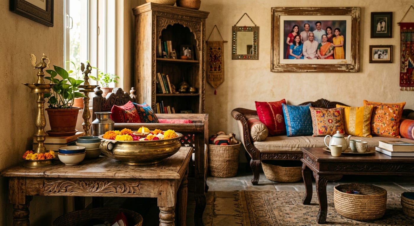 An Indian living room corner with brass lamps, an urli bowl of floating flowers and carved wooden furniture