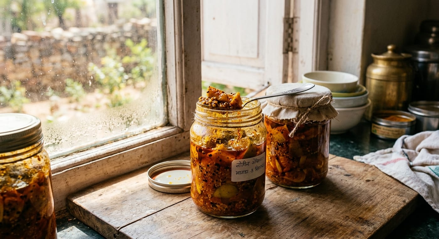 Glass jars of Indian mango and lime pickle in mustard oil on a sunny windowsill