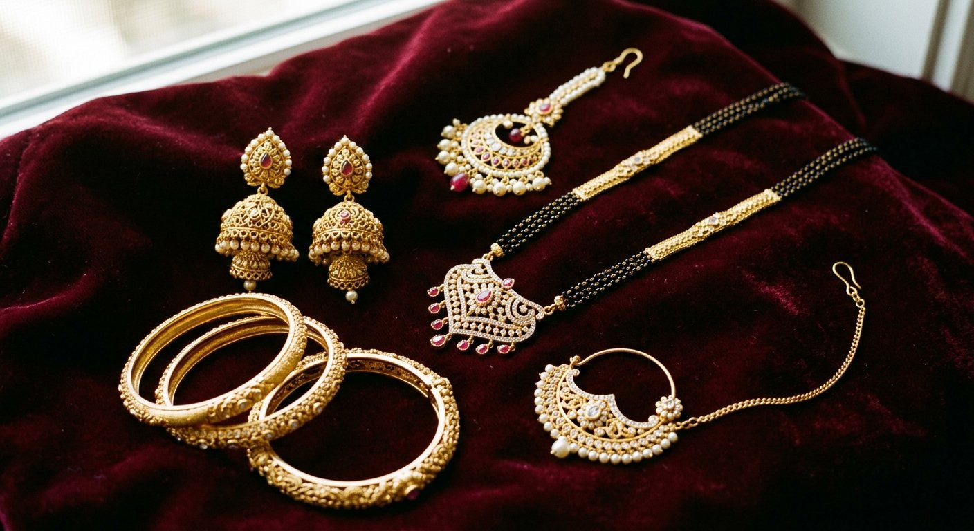 South Asian gold jewellery on dark red velvet: jhumka earrings, bangles, a mangalsutra, a maang tikka and a nose ring