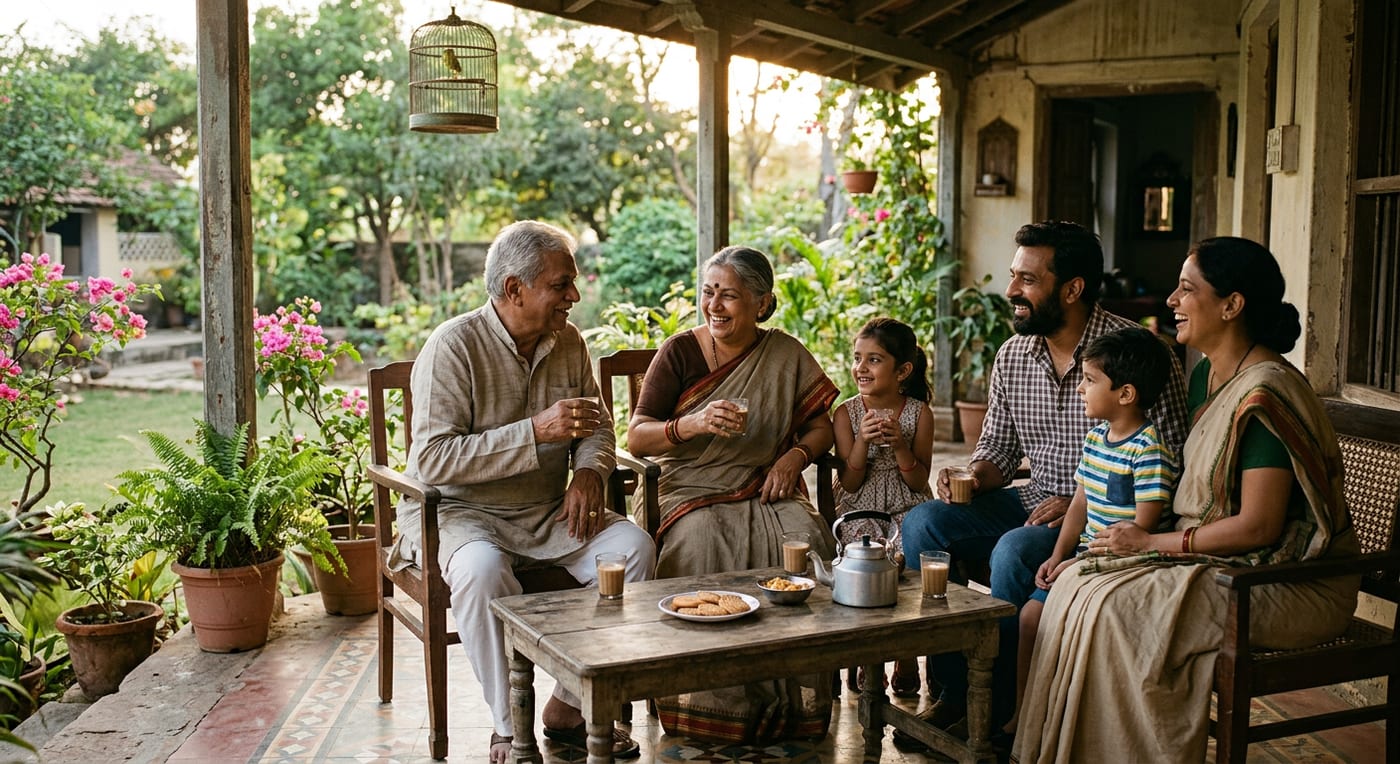 An elderly South Asian couple sitting with their adult children and grandchildren on a verandah