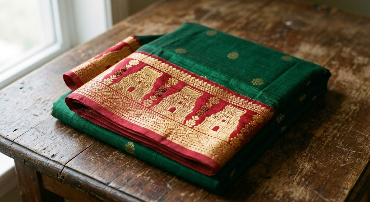 Close-up of a Kanjeevaram silk saree showing its contrasting woven border and gold zari temple motifs