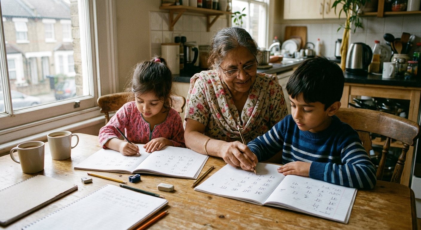 Two children learning to write Devanagari script at a kitchen table with a grandmother helping