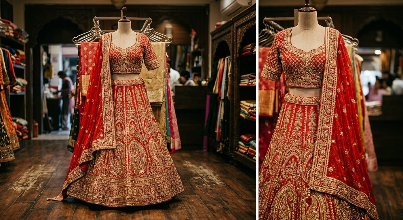 A red and gold embroidered bridal lehenga skirt and choli displayed on a mannequin