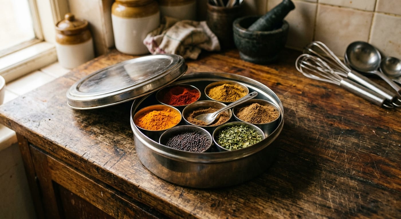 An open round steel Indian masala dabba spice box with seven small bowls of coloured spices