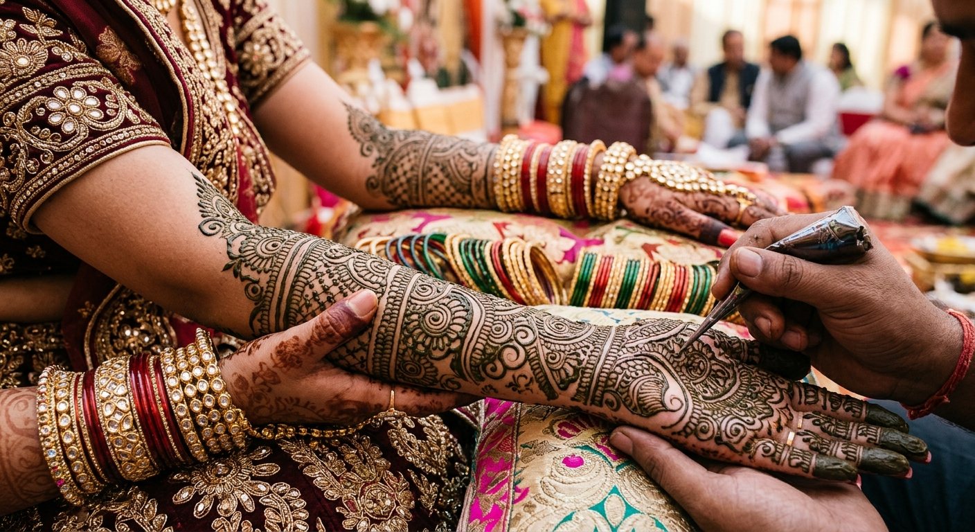 Intricate henna mehndi patterns being applied to a bride's hands and forearms, with colourful bangles nearby