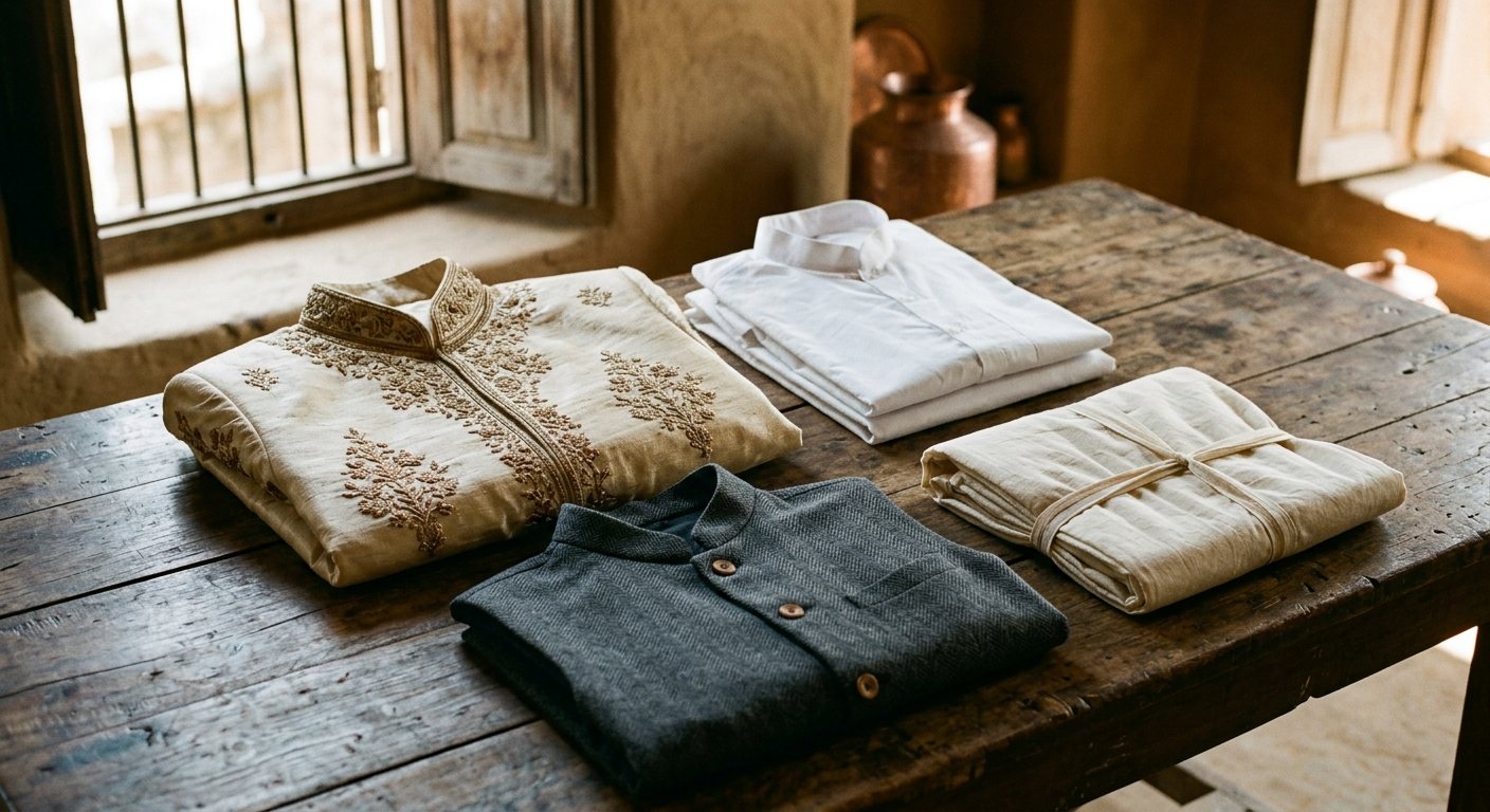 Indian men's traditional clothing laid out: an embroidered cream sherwani, a folded kurta pyjama set, a Nehru jacket and a folded dhoti