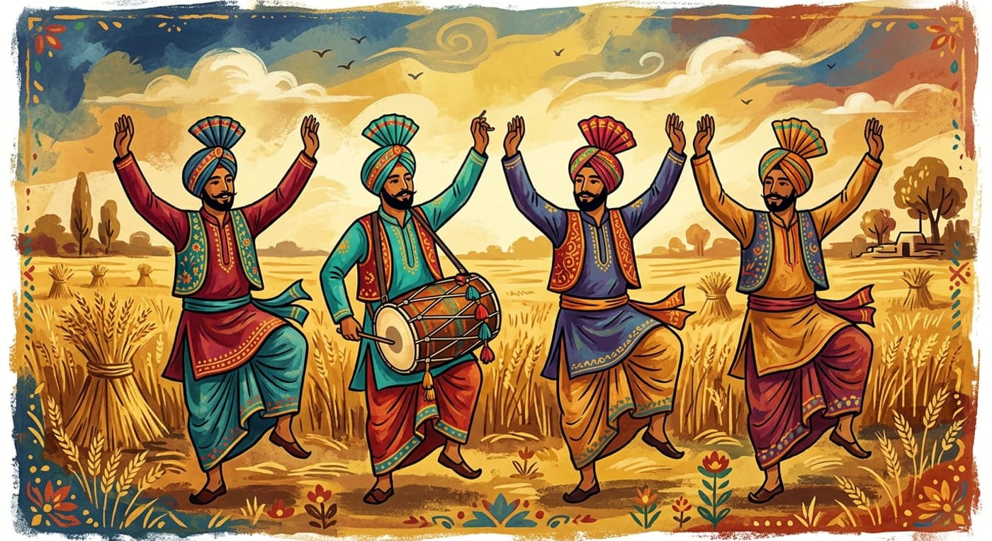 Four men dancing bhangra in a line in a harvest field with arms raised and shoulders shrugged, a dhol player among them