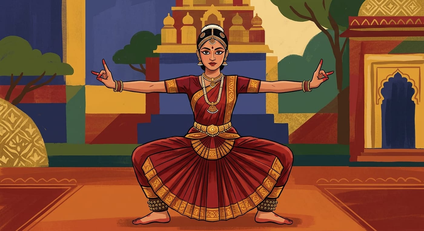 A Bharatanatyam dancer in the deep half-sitting aramandi stance with arms extended symmetrically and hands forming a mudra