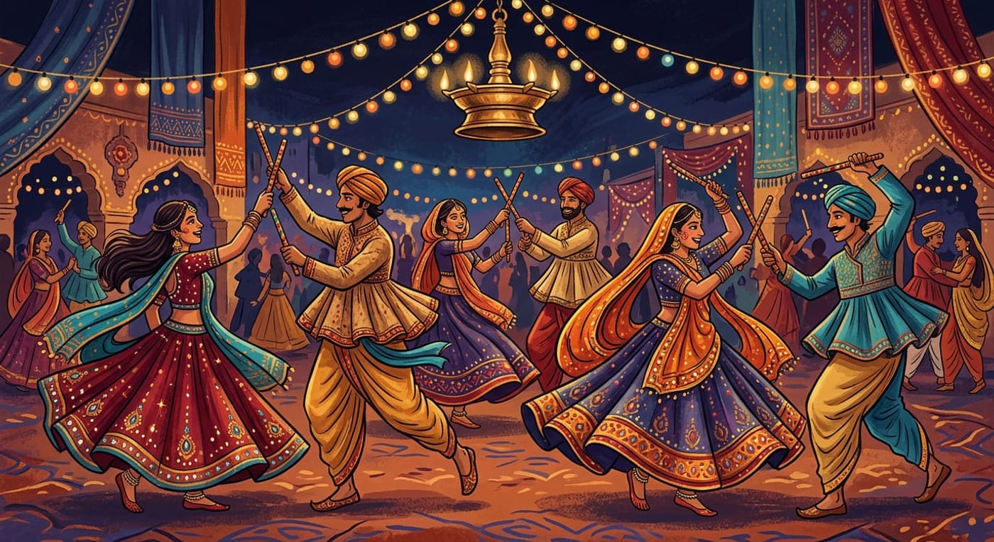 Pairs of dancers playing dandiya raas at night, striking decorated wooden sticks, women in mirrored chaniya cholis mid-spin