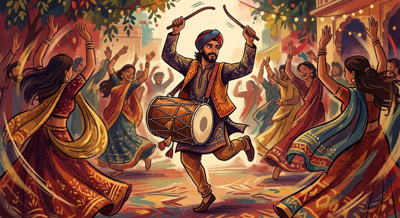 A dhol player mid-stride with the barrel drum slung from a shoulder strap and both sticks raised, surrounded by dancing figures