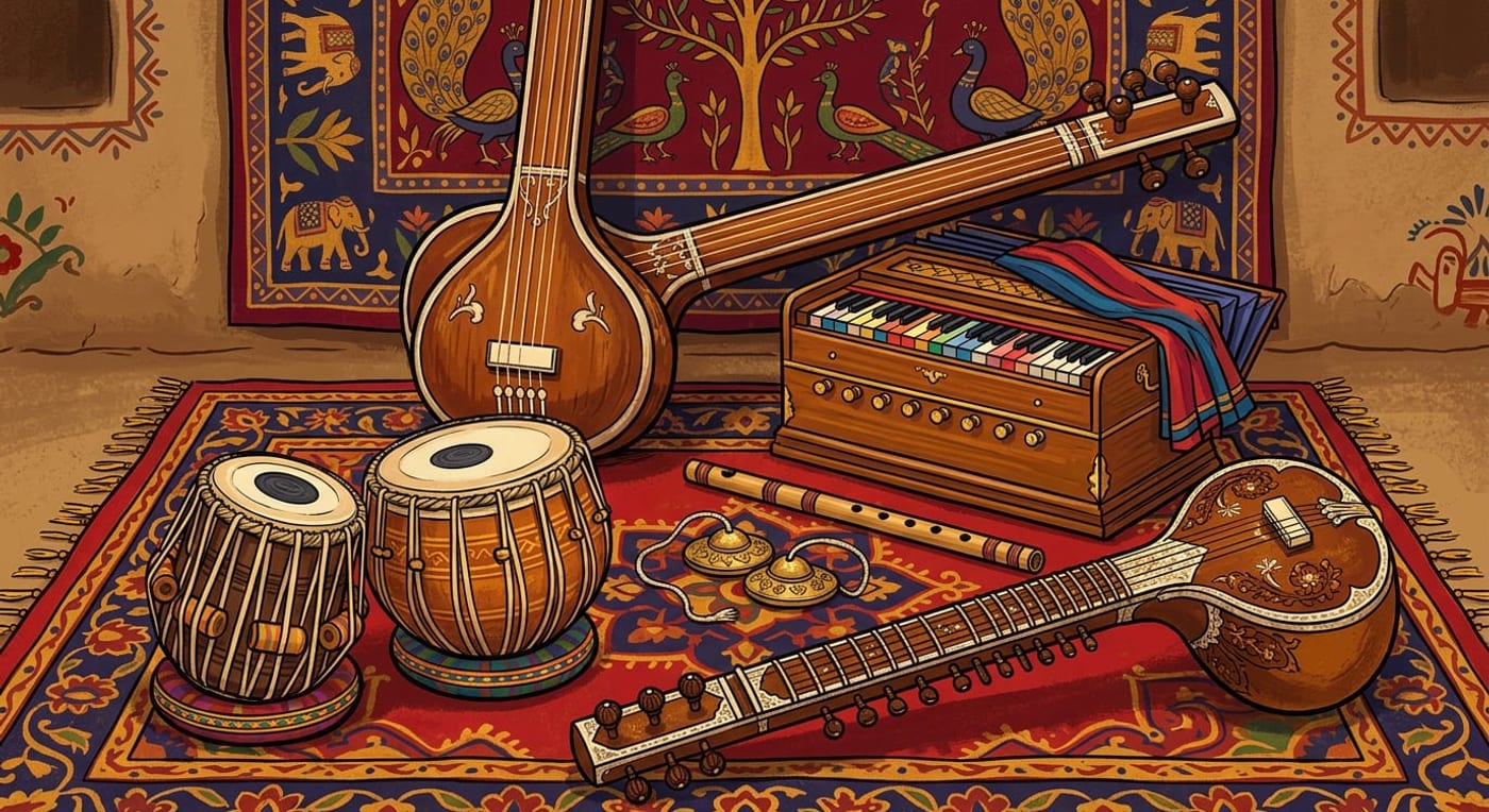 Indian musical instruments arranged on a red carpet: tabla drums, a sitar, an open harmonium, a bansuri flute, hand cymbals and a tanpura