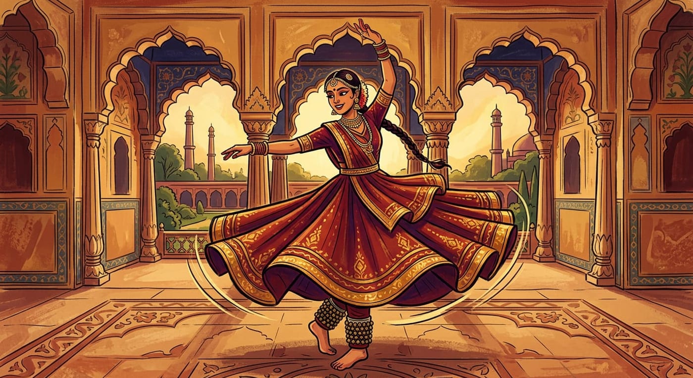 A kathak dancer mid-spin with the skirt flaring in a full circle, ghungroo ankle bells visible, in a hall with Mughal arches