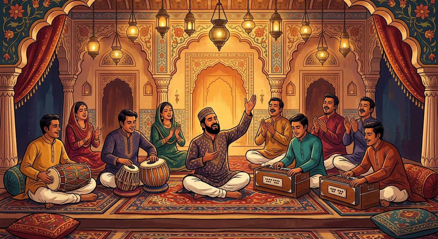 A qawwali party seated on a carpeted stage: a lead singer with a raised hand, two harmoniums, tabla and dholak, and a clapping chorus