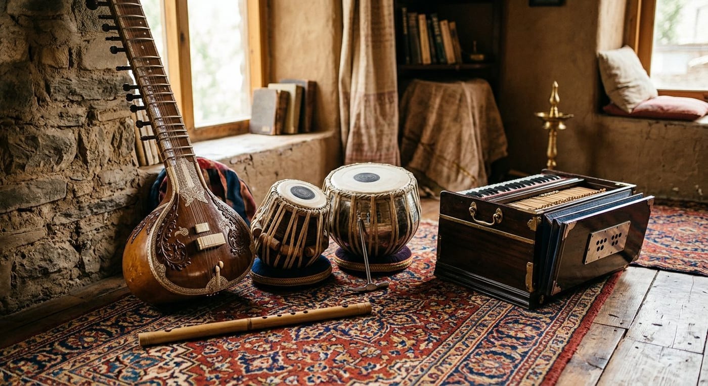 South Asian classical instruments in a warm room: a sitar, tabla pair, harmonium and bamboo flute on a patterned rug